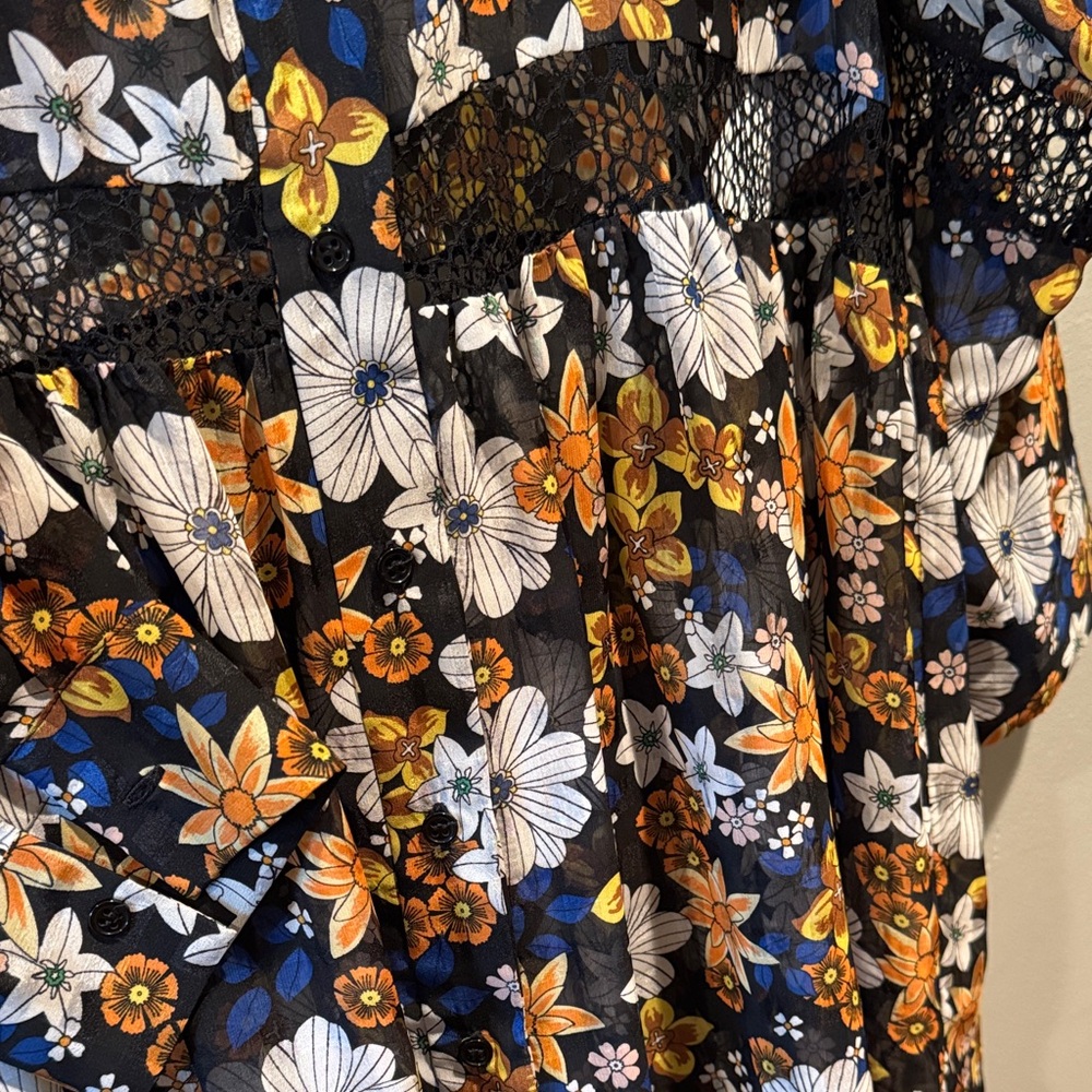 Sandro Paris Reyes Floral Button-Front Sheer Smock Dress in Black & Mustard - Picture 6 of 16